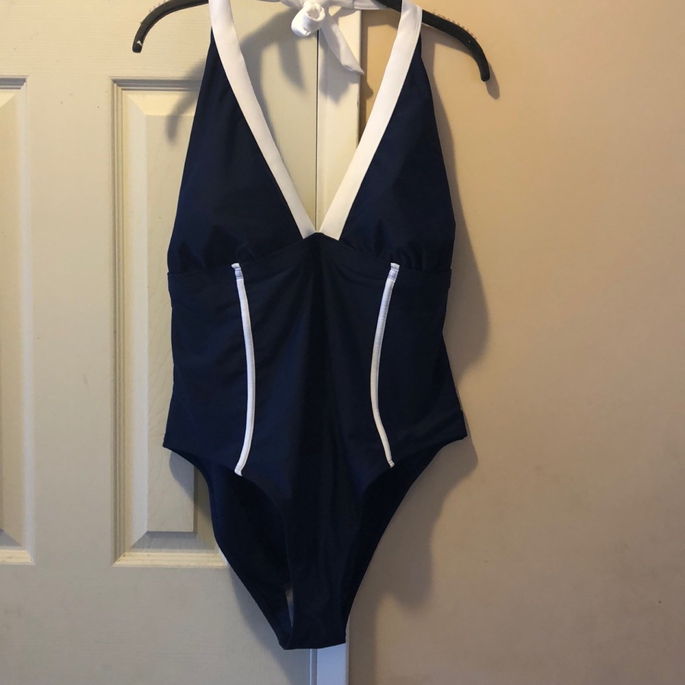 Navy Blue and White Halter Swimsuit